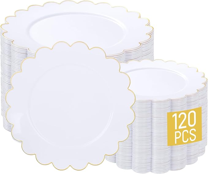 LIYH 120 Pcs White Plastic Scalloped Plates - Gold Fancy Disposable Plastic Plates Includes 60 Dinner 10.25" & 60 Dessert Plate 7.5" Elegant Gold Rim for Party Birthday Day