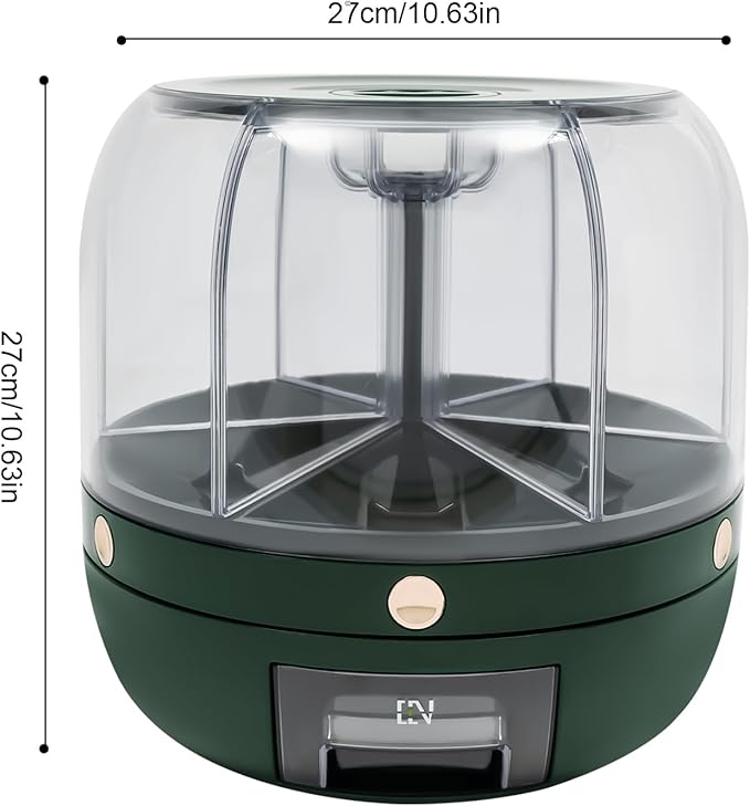 Cereal Dispenser, 6-grid 360° Rotating Grain Dispenser, 6 in 1 Sealed Clear Rice Dispenser, 6kg/13.2lbs Grain Storage Container, PET Round Granular Dry Food Dispenser, 10.63*10.63in Dark Green