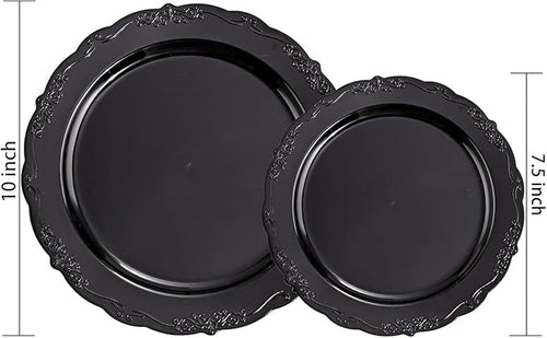 U-QE 100PCS Black Plastic Plates, Heavy Duty Black Plates Including 50PCS 10'' Dinner Plates & 50PCS 7.5'' Dessert Plate - Hard Plastic Plate for Party Wedding Bridal Shower