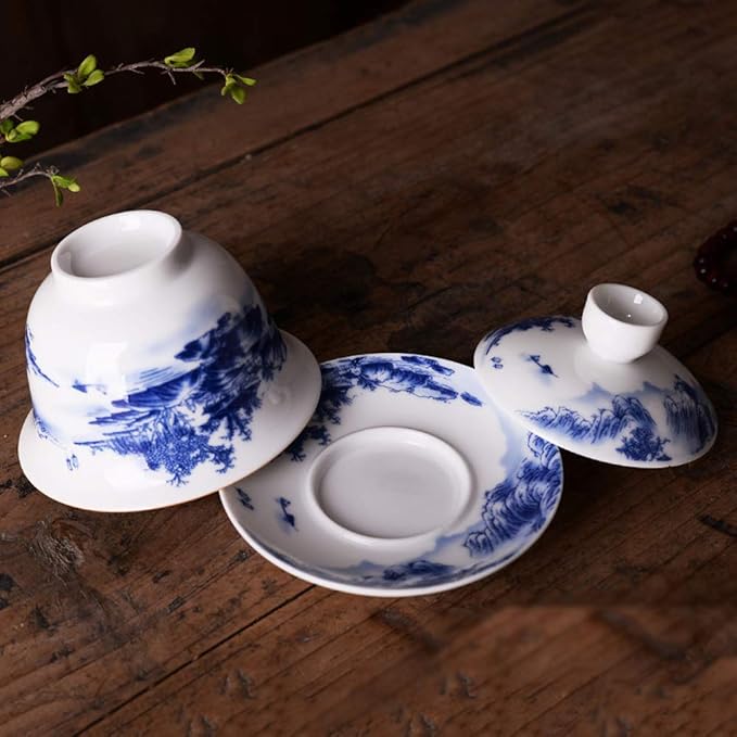Jingdezhen Chinese Gaiwan Handmade 6.3oz/180ml Mountain Style China Blue and White Porcelain Gaiwan Kungfu Teacup Traditional Chinese Teaware Tea Set