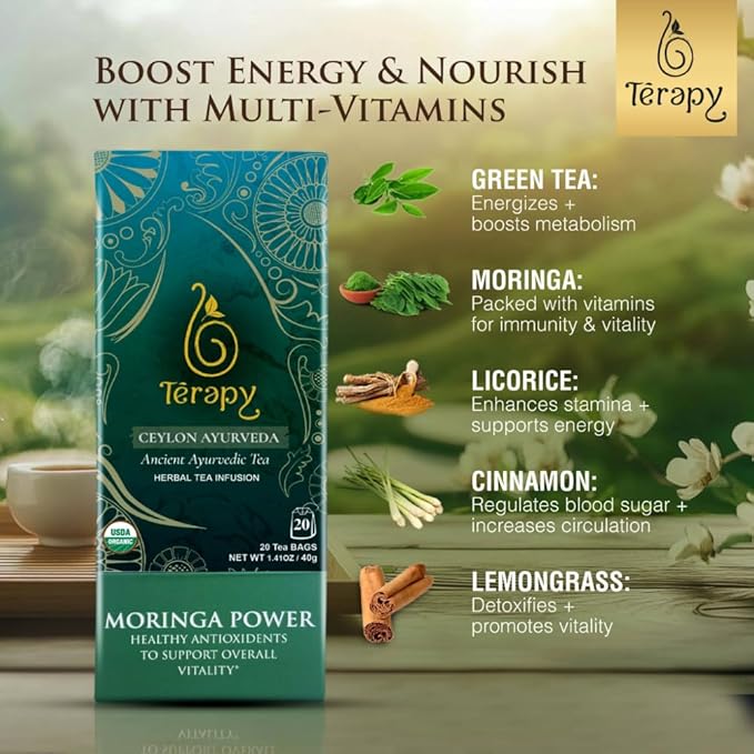 TERAPY Moringa Tea Bags Organic Herbal Drink, Ayurvedic Ceylon Blend with Green Tea, Cinnamon, Lemongrass & Licorice, Supports Metabolism, Enhances Stamina, Antioxidants, Vegan, Gluten-Free – 20 Bags