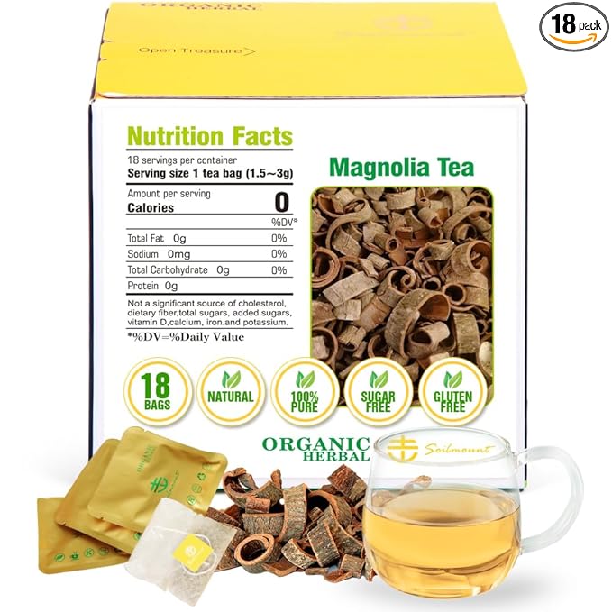 Soilmount - Magnolia Tea - |Magnolia Bark|hou po|厚朴| - Pure Herbal Tea - Natural, Organic, Non-GMO, Clean Ingredients, Caffeine Free (18 Tea Bags, Box 1)