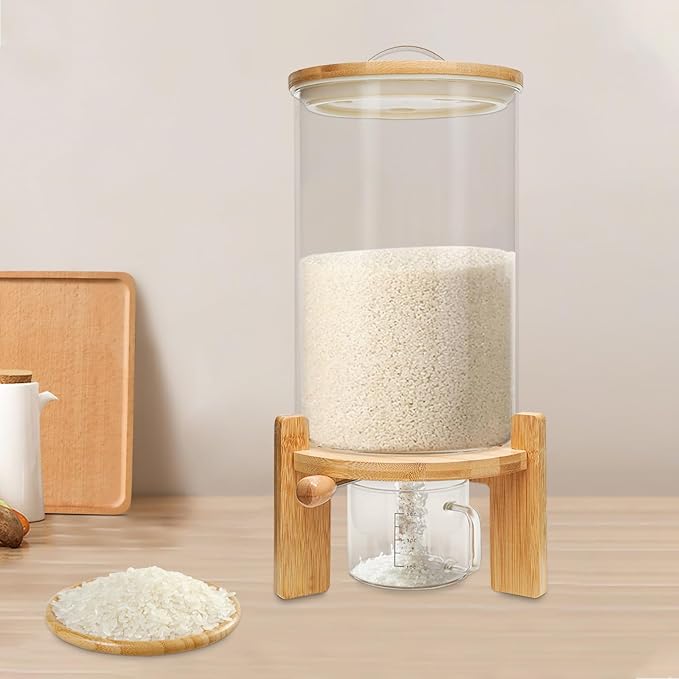 Glass Rice Dispenser, Grain Dispensers Clear Dry Food Storage Container, Flour Cereal Rice Storage Box With Sealed Lid And Measuring Cup For Storing Sugar/Coffee Beans/Oats/Kitchen Food