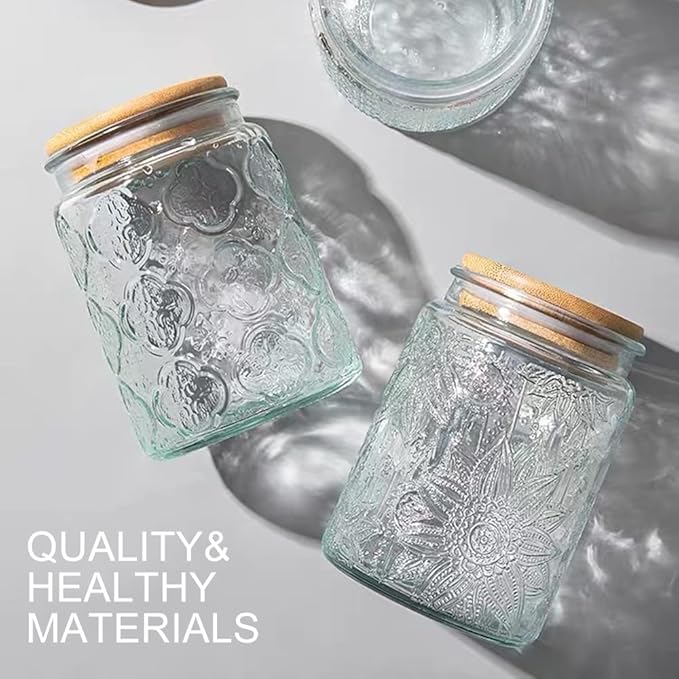 BEWAVE Vintage Glass Jar, 24oz Food Storage Containers Clear Mason Jars With Airtight Lid for Kitchen Counter,Coffee, Tea, Sugar, Candy, 2 Pack