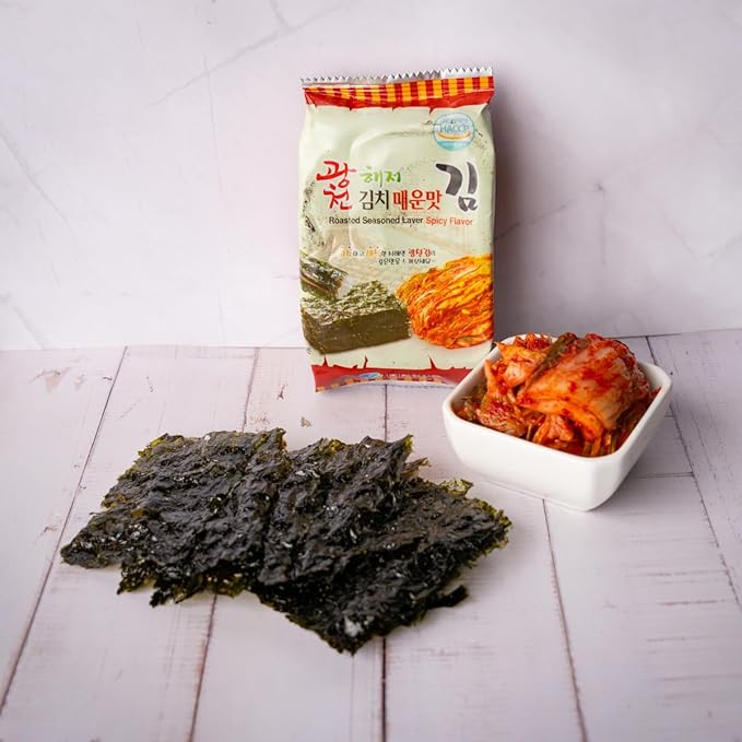 Korean Crispy Seaweed Snacks, Kimchi Spicy Flavor – 24 Pack, Crunchy Snack, Individual Sheets Roasted Nori, Vegan, Gluten-Free, 100% Natural Laver