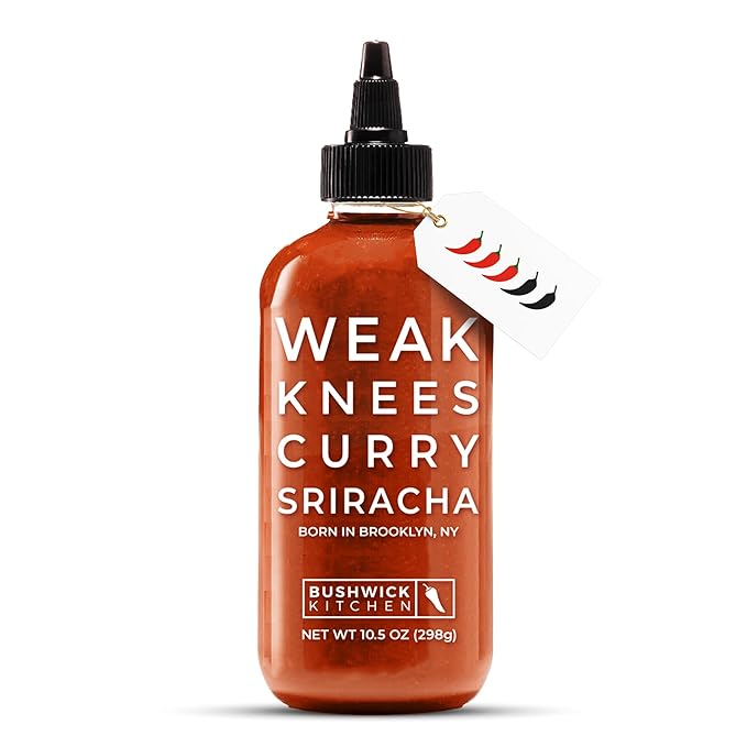 Weak Knees Curry Sriracha Hot Sauce - Infused with Aromatic Curry Spices & Bold Korean Gochujang Paste for Rice, Vegetables & Marinades - Made in the USA - 10.5oz Squeeze Bottle