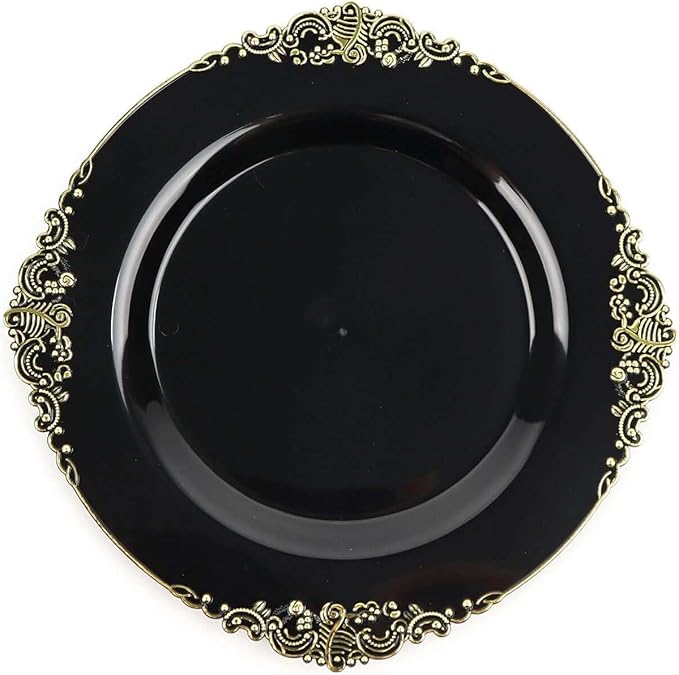 Efavormart 10 Pack | 8" Black and Gold Baroque Dessert Plates, Leaf Embossed Metallic Rim Heavy Duty Appetizer Plates for Modern Moody Socials