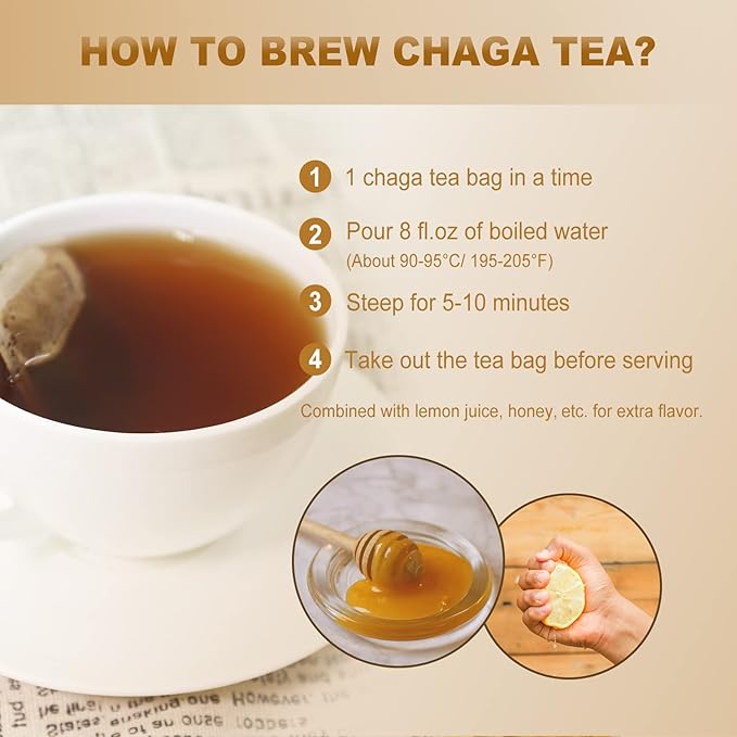 FullChea - Chaga Tea Bags, 30 Teabags, 2g/Bag - Premium Chaga Mushroom Tea - Non-GMO - Caffeine-Free - Rich in Antioxidants & Aid in Digestion