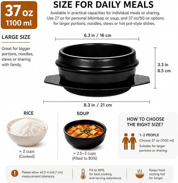 XICHENGSHIDAI Korean Stone Bowl with Tray, Dolsot Bibimbap Bowl, Earthenware Ceramic Hot Pot for Soup, Stew, Rice, Ramen and Ttukbaegi, Oven & Stovetop Safe, Black - 37oz