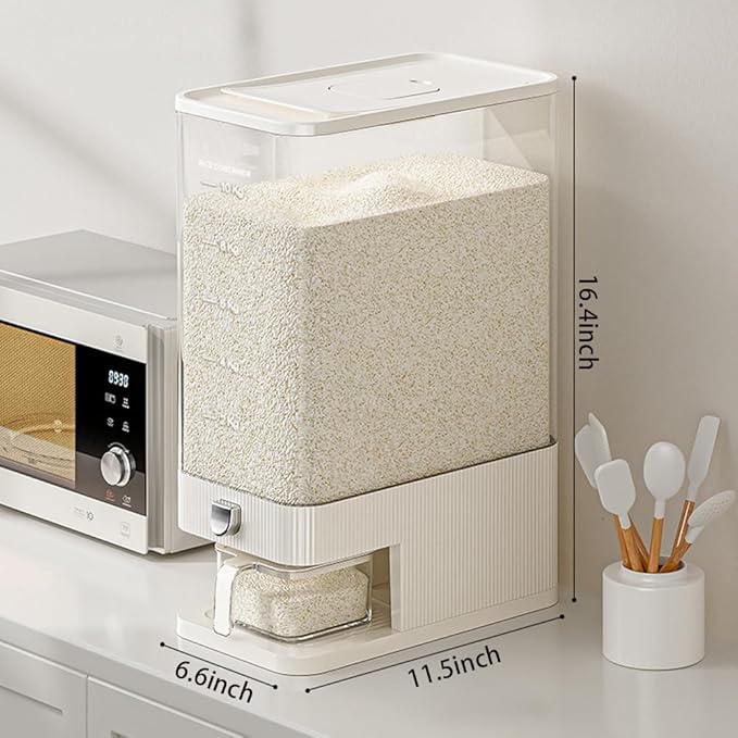 Rice Dispenser,25 Lbs Rice Storage with Measuring Cup and Dial,One-Touch Cereal Dispenser,Sealed Moisture Proof for Rice, Corn,Soybean, Oatmeal (22-27 Lbs(10-12.5kg))