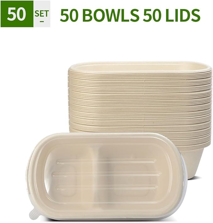 50 Pack Large 2 Compartment Paper Bowls with Lids, Divider Food Containers Disposable for Main Dish with Sides, Chip Dips (50 Bowls 50 Lids)