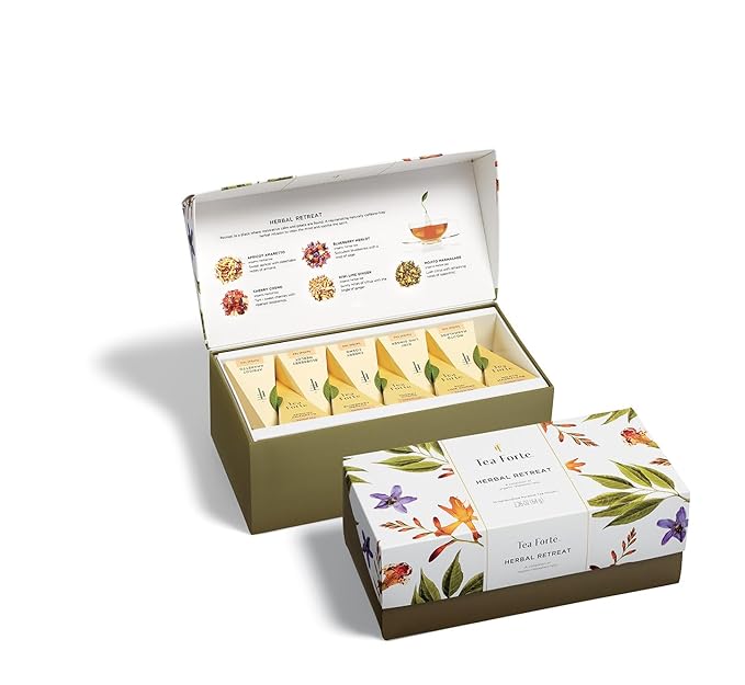 Tea Forte Premium Presentation Box Gift Set Sampler, 20 Count, Assorted Blends Individually Wrapped Handcrafted Pyramid Infuser Bags, Gifts for Mom, Herbal Retreat Tea