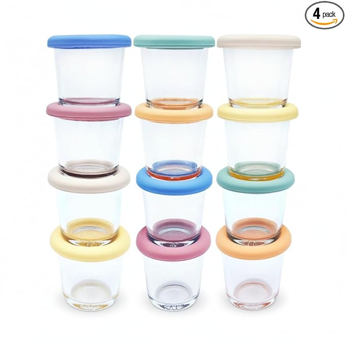 Elk and Friends 4oz Borosilicate Glass Baby Food Storage Jars with Silicone Lid | Strong Glass | Set of 12 | Microwave, Oven & Dishwasher Safe | Infant and Babies