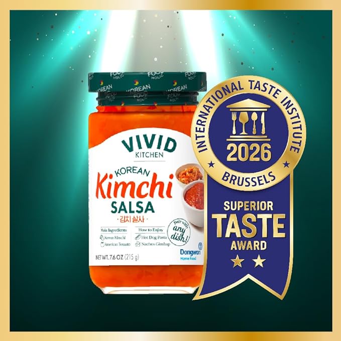 VIVID KITCHEN Kimchi Salsa - Korean Mexican Fusion Condiment - Mild & Hot Flavors - 7.6 oz Bottle - No MSG, No Artificial Preservatives - Plant-Based, Flavorful Salsa for Tacos, Burritos, Topping, Cooking, Dipping, and Grilling