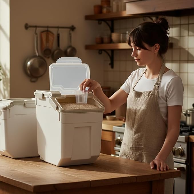 Rice Storage Container 25 lbs Large Household Flour Sugar Containers Airtight Grain Cereal Dispenser with Wheels, Locking Lid & Measuring Cup for Kitchen Pantry Organization, 2 Pack(Grey)