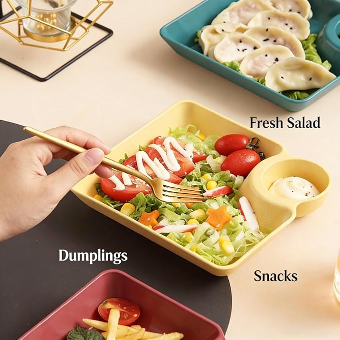 4pcs Japanese Dumpling Plate with Sauce Dish, Chips and Salsa Serving Dish Plates with Dipping Saucer for Family Party Appetizer Sushi Taco Salsa Charcuterie Barbecue Plate, Reusables (4 Color)