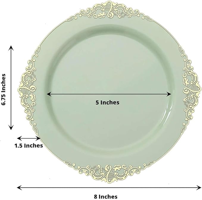 Efavormart 10 Pack | 8" Sage Green and Gold Baroque Dessert Plates, Leaf Embossed Metallic Rim Heavy Duty Appetizer Plates for Outdoor Garden Socials