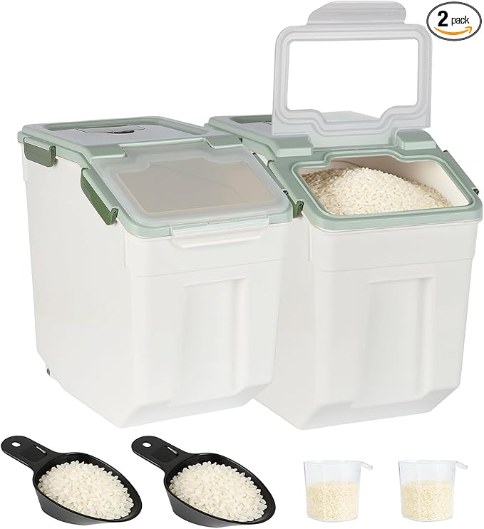 2 Pack Rice Container 50 lbs Large Bulk Flour Sugar Storage Holdhouse Plastic Grain Cereal Dry Goods Bin with Spoon and Measuring Cup for Kitchen Pantry Organization - Green
