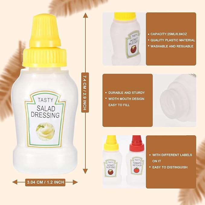 Jspupifip Mini Ketchup Bottles with Sturdy Screw Cap, 25ml Mini Condiment Squeeze Bottles Portable Honey Sauce Salad Dressing Dispensers Jars Containers for Adults Lunch Box (4)