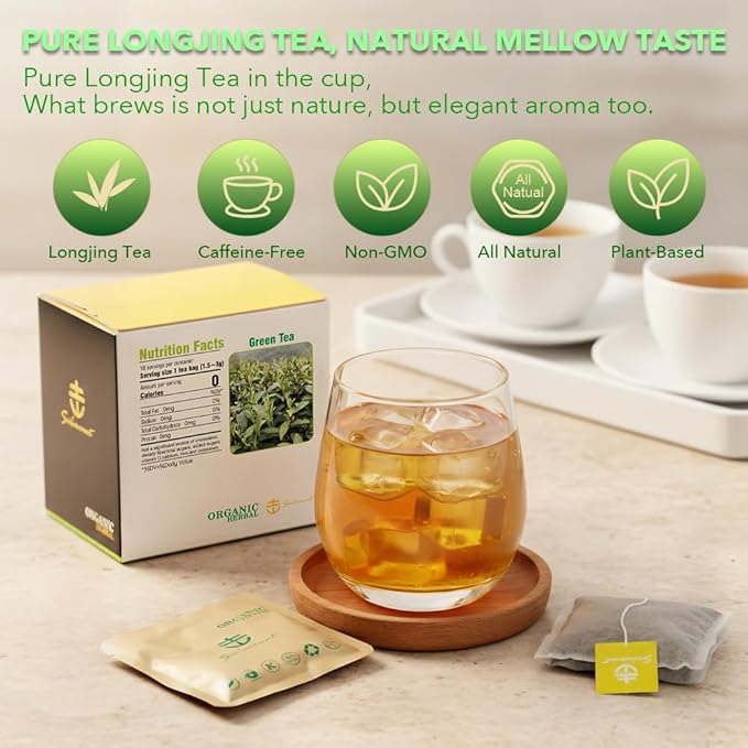 Soilmount Organic Longjing Tea - Chinese Green Tea - 18 Individually Wrapped Packets - Fresh Aroma, Balanced Sweetness, Suitable for Hot or Iced Tea