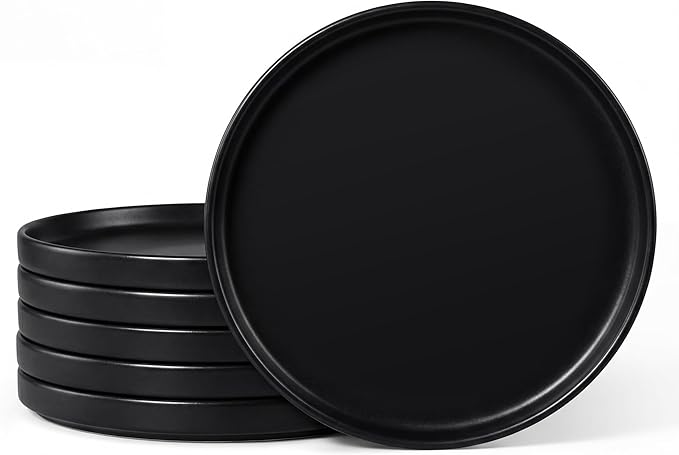 E-far Dinner Plates Set of 6, 10.5 Inch Stoneware Dinner Plate with Raised Edges, Chip & Scratch Resistant | Microwave & Dishwasher Safe Modern Ceramic Dishes for Dessert Salad, Matte Black