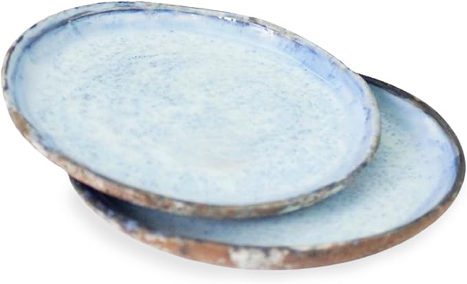 roro Handmade Ceramic Stoneware Appetizer Plates with Rustic Motif; Coral Brown & Tropical Blue, 7 Inch Set of 2 for Appetizers, Dessert, and Snacks