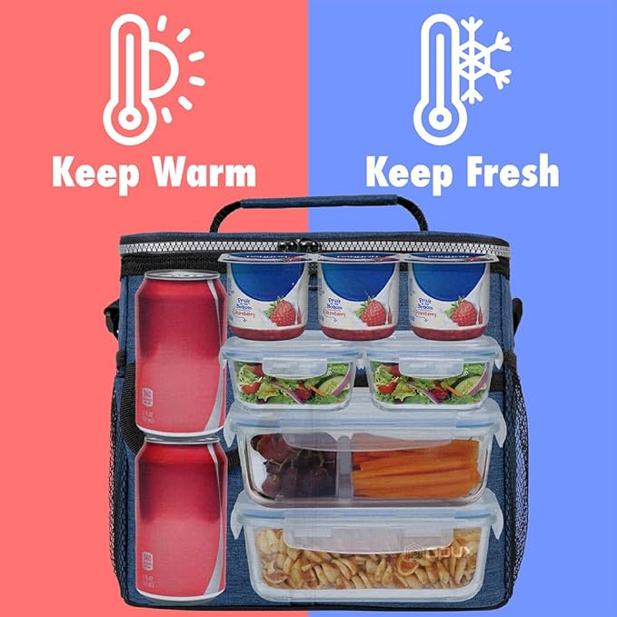 opux Insulated Lunch Box for Men Women Kids, Leakproof Reusable Lunch Bag Cooler for Work School Office, Soft Thermal Lunchbox Tote Shoulder Strap for Boys Girls Adults, Heather Navy, 18 Can/10L