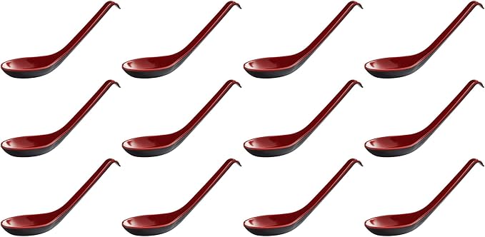 12 Pack - Red and Black 6.5-inch Asian Soup Spoon with Hook– Fuji Chinese Japanese Korean Style Spoon, Perfect for Melamine Won Ton Rice Pho Soba & Ramen Noodle Soups