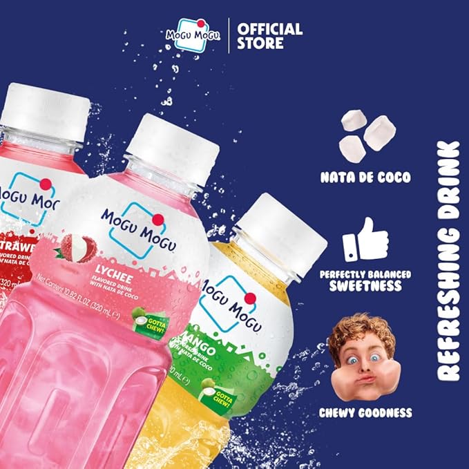 Mogu Mogu Variety Pack Juice Drink with Nata de Coco (Coconut Jelly) – Lychee, Strawberry & Mango, Chewy Fruit Beverage for Kids & Adults, 6 Pack Bottles, 10.82 fl oz Each