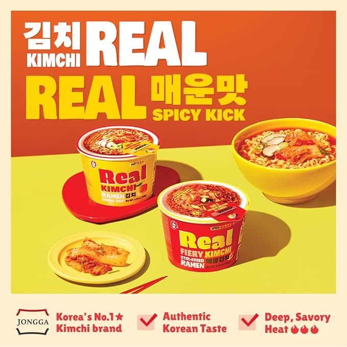 Instant Ramen Cup Noodles [STIR FRY Kimchi | 6 CUPS/Pack] – Healthy, Bold & Tangy | Korean Spicy Noodle Soup with Real Fermented Kimchi | 0 Trans Fat | Easy to Cook Meal or Snack - O’food