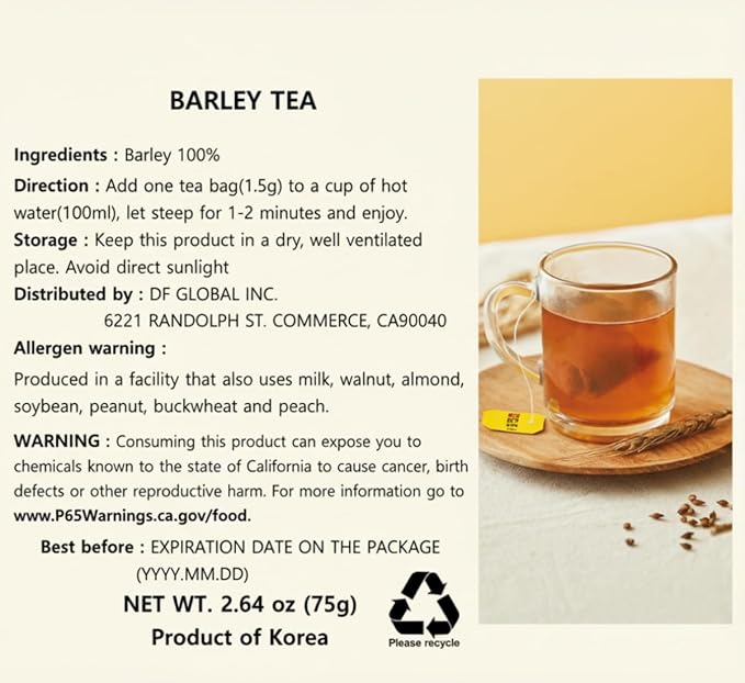 Damtuh Korean Barley Tea, Roasted Barley Tea Bags, Boricha Mugicha, Caffeine-Free, 100 Bags