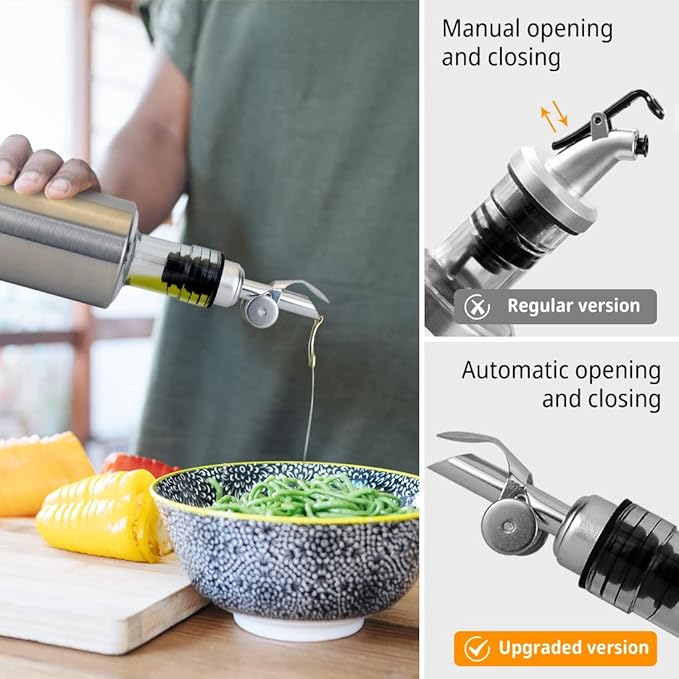 Automatic Opening & Closing Olive Oil Spout, Leak-Proof Stainless Steel Dispenser Pour Spout for Olive Oil, Vinegar, Wine Bottles (Black)