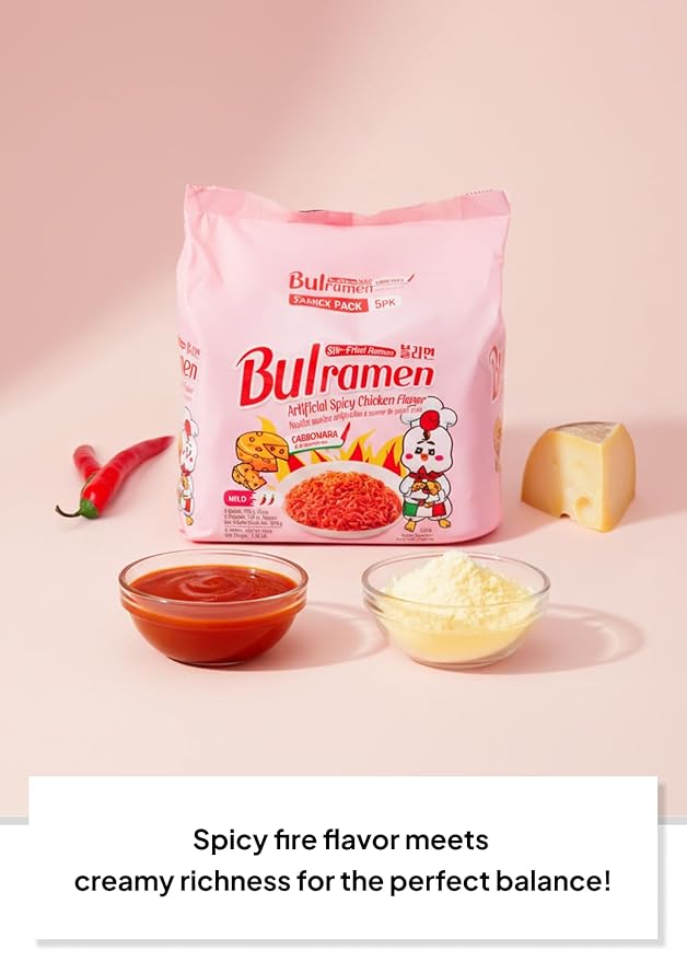 Korean Food Bulramen Stir-Fried Ramen Mild Spicy Carbonara, Artificial Spicy Chicken Flavor, 5 Packs (4.76 oz Each), Korean Instant Noodles
