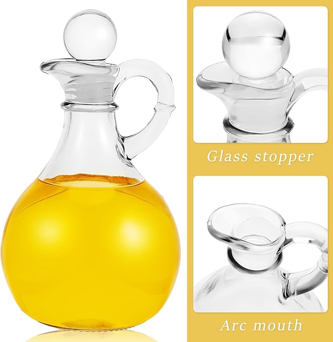Suclain 4 Sets 12oz Glass Oil and Vinegar Cruets Set Round Oil Dispenser Olive Bottle with Airtight Stopper Salad Dressing Bottle Glass Condiment Container for Kitchen Homemade Syrup Olive Condiment
