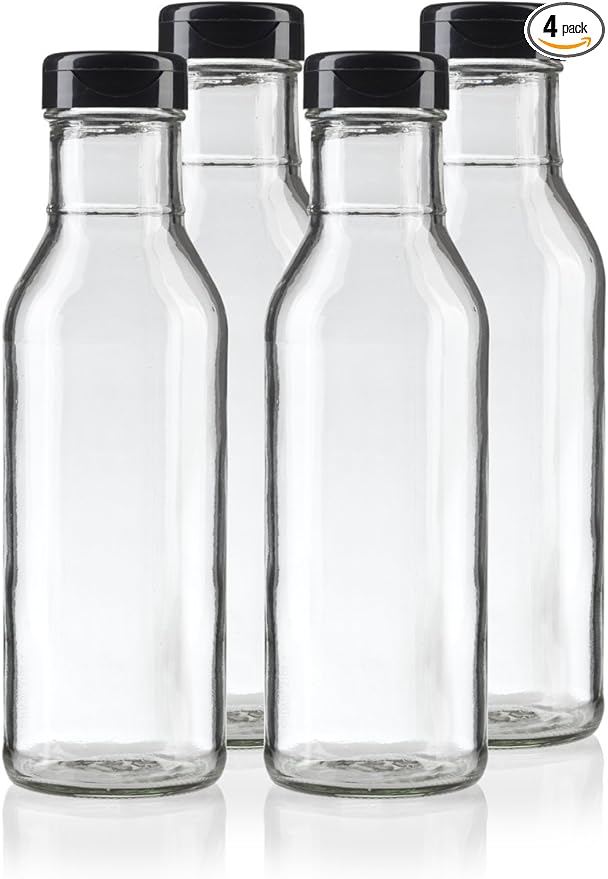 JUVITUS 12 oz Professional Clear Glass Thick Wall Sauce Bottle with Drip Resistant Flip Top Cap (4 Pack) for BBQ Sauce, Salad Dressings, more