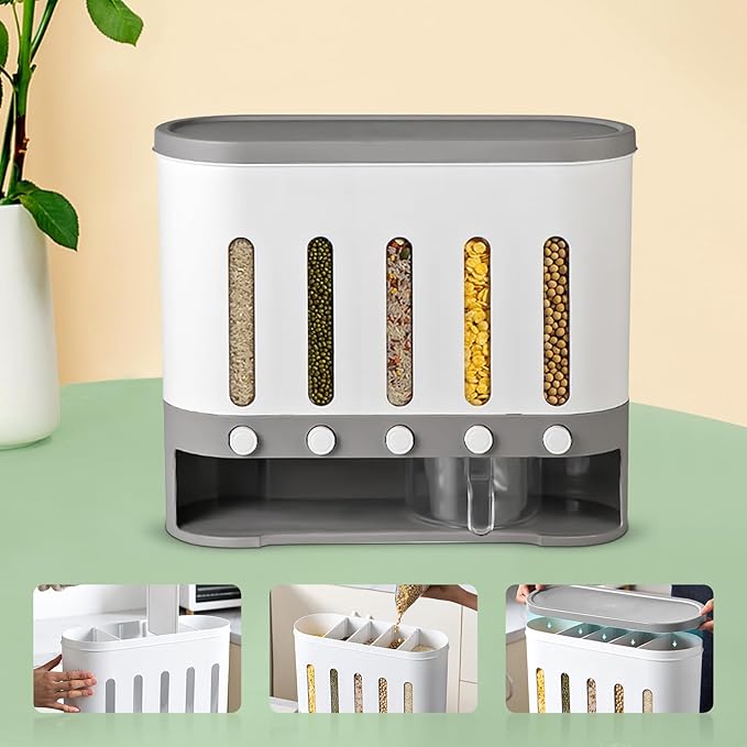 23 Pounds Dry Food Dispenser Wall Mount Dry Food Dispenser, 5 Grid Countertop Rice Coffee Bean Dispenser Wall Cereal Dispenser Storage Containers for Kitchen