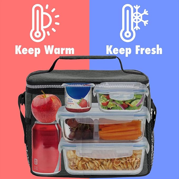 opux Insulated Lunch Box for Men Women Kids, Leakproof Reusable Lunch Bag Cooler for Work School Office, Soft Thermal Lunchbox Tote Shoulder Strap for Boys Girls Adults, Heather Charcoal, 14 Can/8L