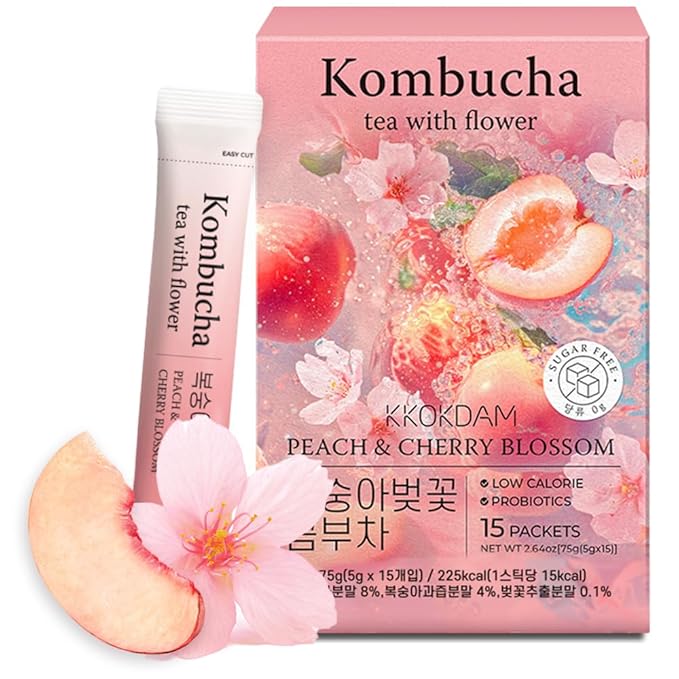 KKOKDAM Kombucha Tea - Peach & Cherryblossom Korean Tea - Kombucha Drinks Probiotic Support, Low Calorie, Sugar Free Kombucha Pack - 15 Packs