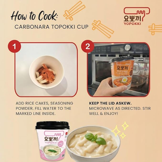 Yopokki Instant Tteokbokki Rice Cakes Korean, Topokki Cup - Great with Cheese and Ramen Toppings, Korean Snacks for College Dorm, Korean Street Food Quick & Easy to Prepare, Pack of 2 (2 Cups, Carbonara)