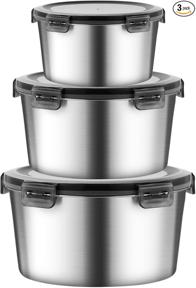 316L Stainless Steel Food Storage Containers with Lids, 20oz 34oz 71oz Airtight Metal Meal Prep Containers,Bento Lunch Box for Kitchen, Picnic & Camping（600 ml / 1000 ml / 2100 ml）