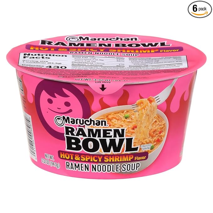 Maruchan Ramen Bowl, Hot & Spicy Shrimp Flavor – Japanese-Style Instant Noodle Soup, Microwaveable Easy Meal for Busy Families – 3.39 Oz. (6 Pack)