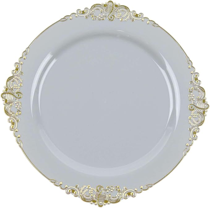 Efavormart 10 Pack | 10" Gray and Gold Baroque Dinner Plates, Leaf Embossed Metallic Rim Heavy Duty Serving Plates for Contemporary Industrial Banquets