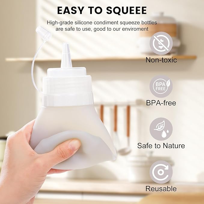 Mrsdry Condiment Squeeze Bottles, 12 oz Silicone Squeeze Bottles For Sauces, Leak Proof Condiment Containers with Extra Interchangeable lid, Easy Squeeze for Oil, Honey & Dressings, BPA FREE (4 Pack)
