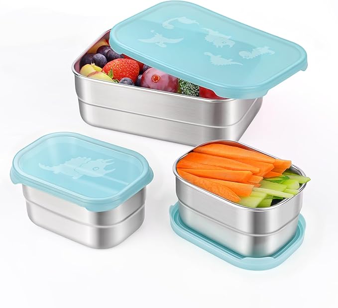Tanjiae 3 CUP+1 CUP Stainless Steel Lunch Snack Containers Set | Leak Proof 304 Stainless Steel Food Containers with Silicone Lids - Perfect Metal Lunch Box for Home and Travel (25oz+8oz*2)