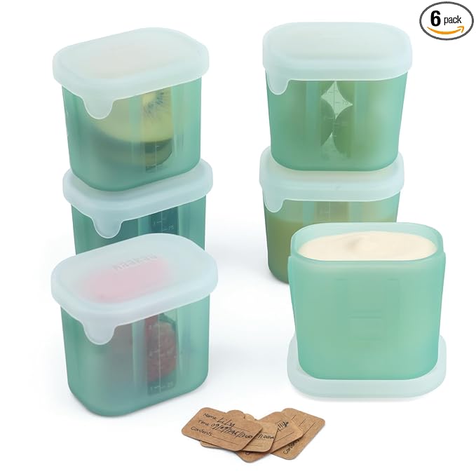 haakaa Mini Meal Silicone Storage Containers,3 oz Silicone Baby Food Containers with Airtight Lids,Reusable Baby Food Jars for Purees, Fruits & Snacks-Microwave & Dishwasher Safe,6 Pack,Pea Green