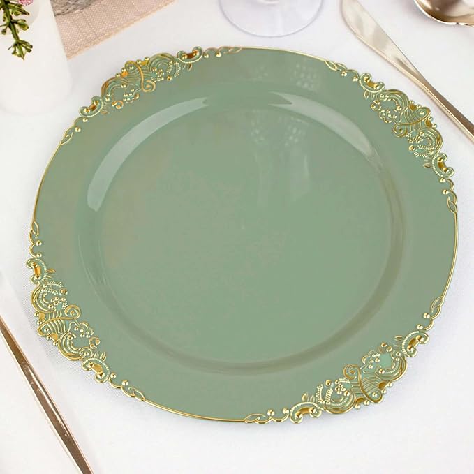 Efavormart 10 Pack | 10" Dusty Sage and Gold Baroque Dinner Plates, Leaf Embossed Metallic Rim Heavy Duty Serving Plates for Greenhouse Events