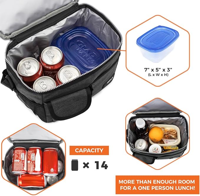 opux Insulated Lunch Box for Men Women Kids, Leakproof Reusable Lunch Bag Cooler for Work School Office, Soft Thermal Lunchbox Tote Shoulder Strap for Boys Girls Adults, Heather Charcoal, 14 Can/8L