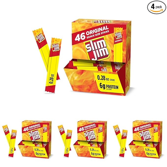 Slim Jim Smoked Meat Sticks,Original Flavor,6g Protein Per Serving,Snack Size,0.28 oz.,46 Count (Pack of 4)