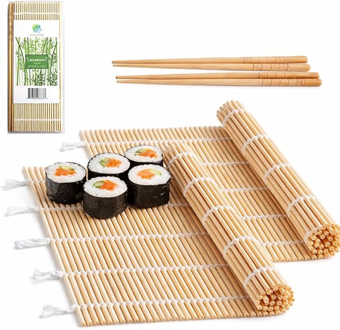 FUNGYAND Bamboo Sushi Rolling Mat with 2 Pairs of Chopsticks Natural Bamboo 9.5"x9.5" 2 Pcs Sushi Making Kit