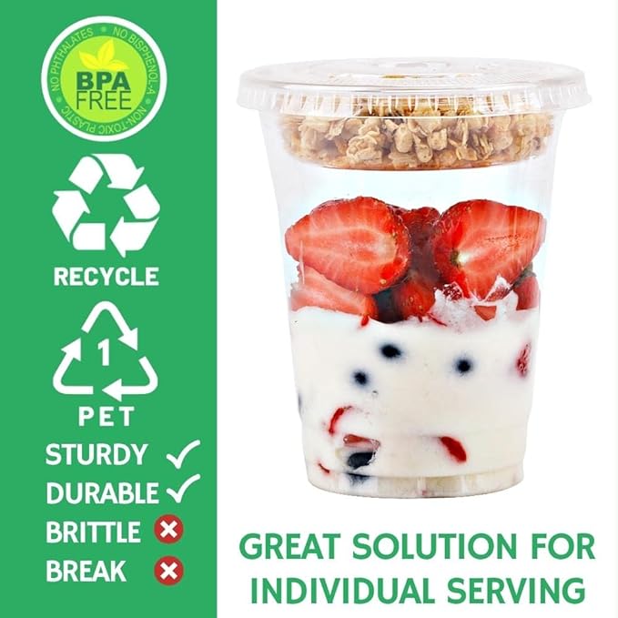 Aatriet 12 oz Clear Plastic Parfait Cups with Insert 3.25oz & Flat Lids No Hole - (20 Sets) Yogurt Fruit Parfait Cups for Kids, for Dips and Veggies, Take Away Breakfast and Snacks. No Leaking